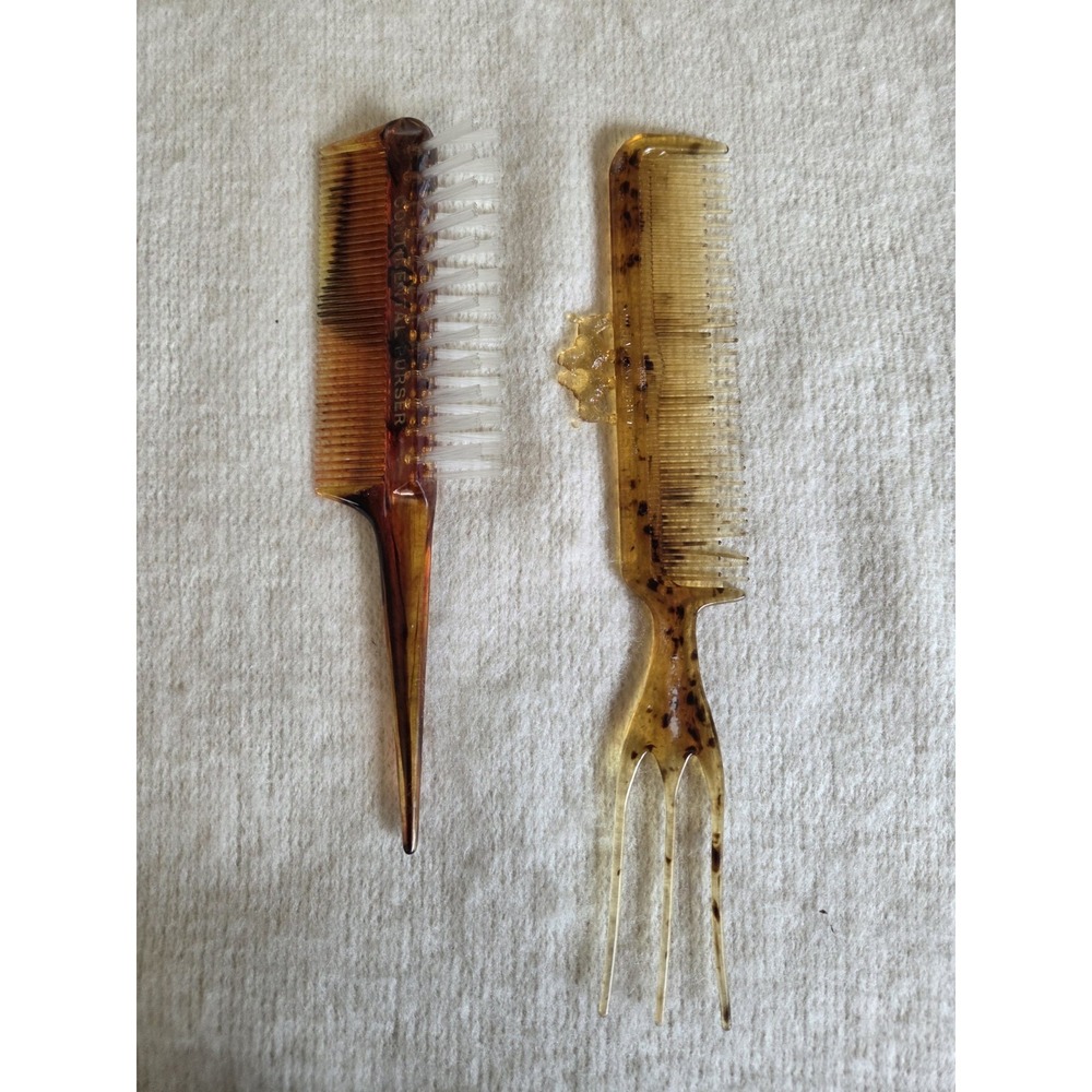 Vintage Amber Comb Lot – Continental Purser Brush/Comb + Decorative Hair Fork –